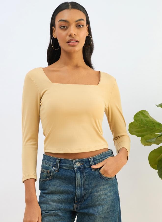 Beige Square Neck Knitted Crop Top