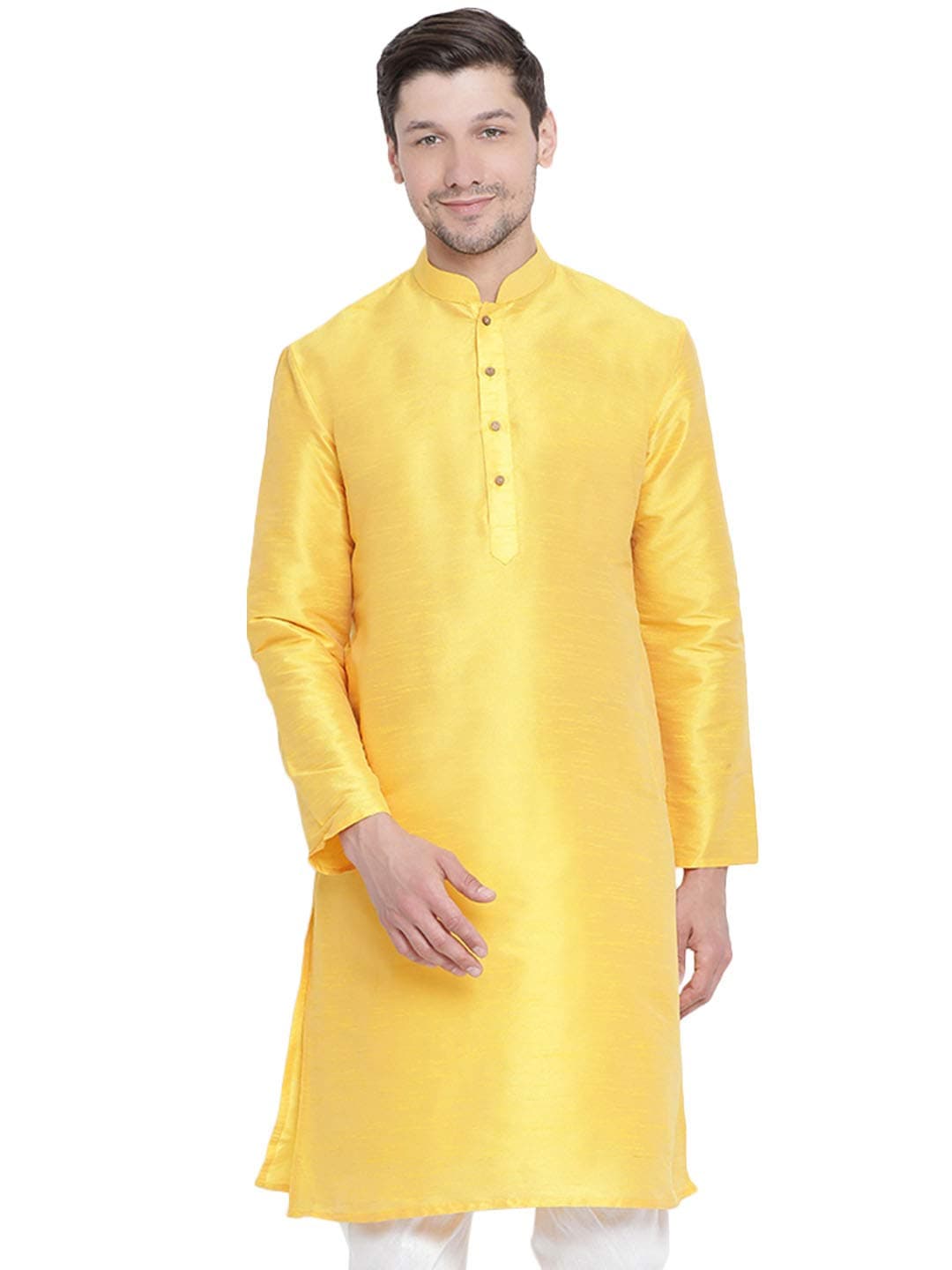 JBN Creation Men’s Silk Blend Yellow Kurta - Elegance for Festivals & Events | Banarasi Silk with Slight Cotton mix Solid Full Sleeves Chinese Collar Kurta | Classic Design, Premium Comfort, and