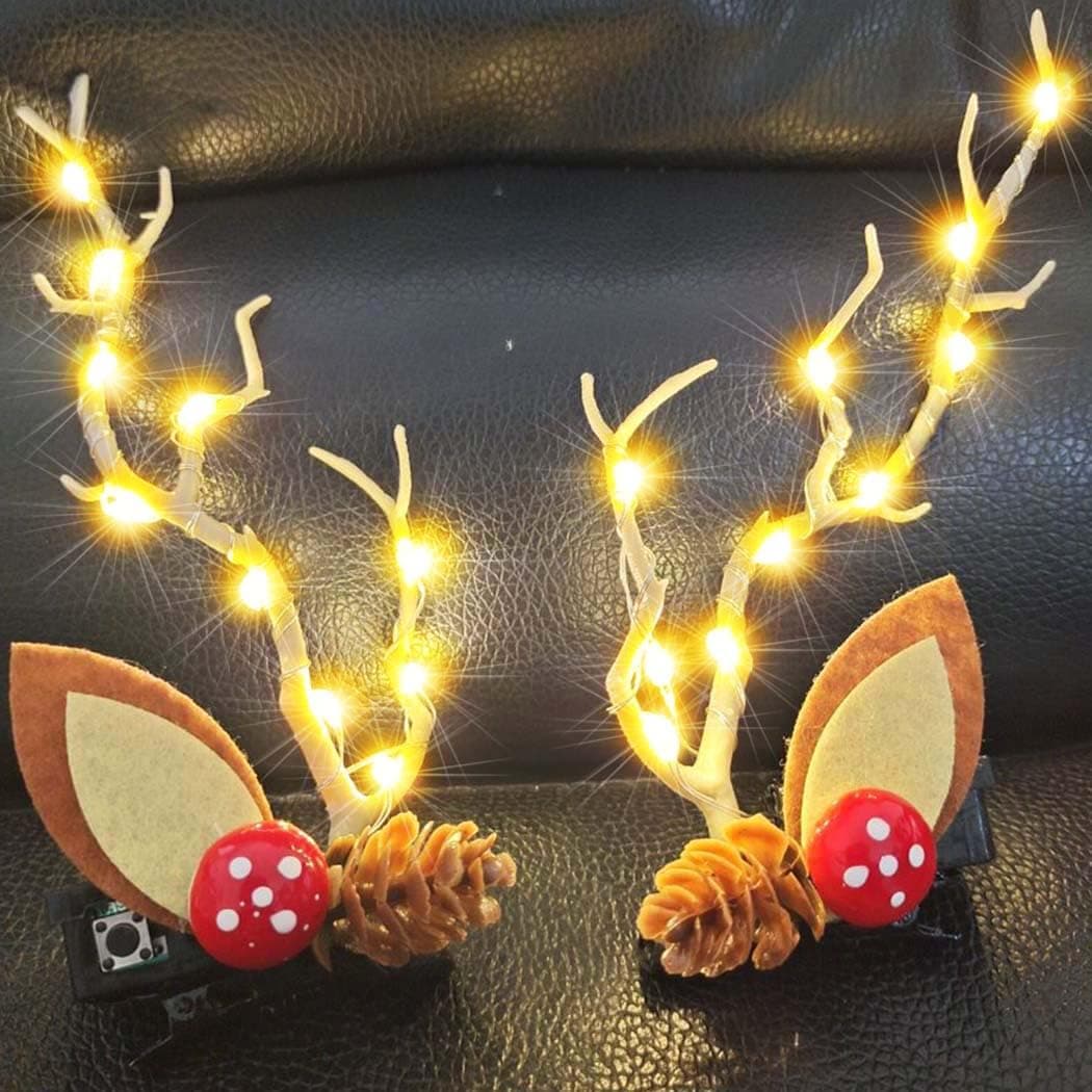 Bartosi LED Light Christmas Hair Clips Reindeer Antlers Xmas Hairpins Hair Barrettes Cute Party Cosplay Head Pieces Hair Accessories for Women and Girls Pack of 2