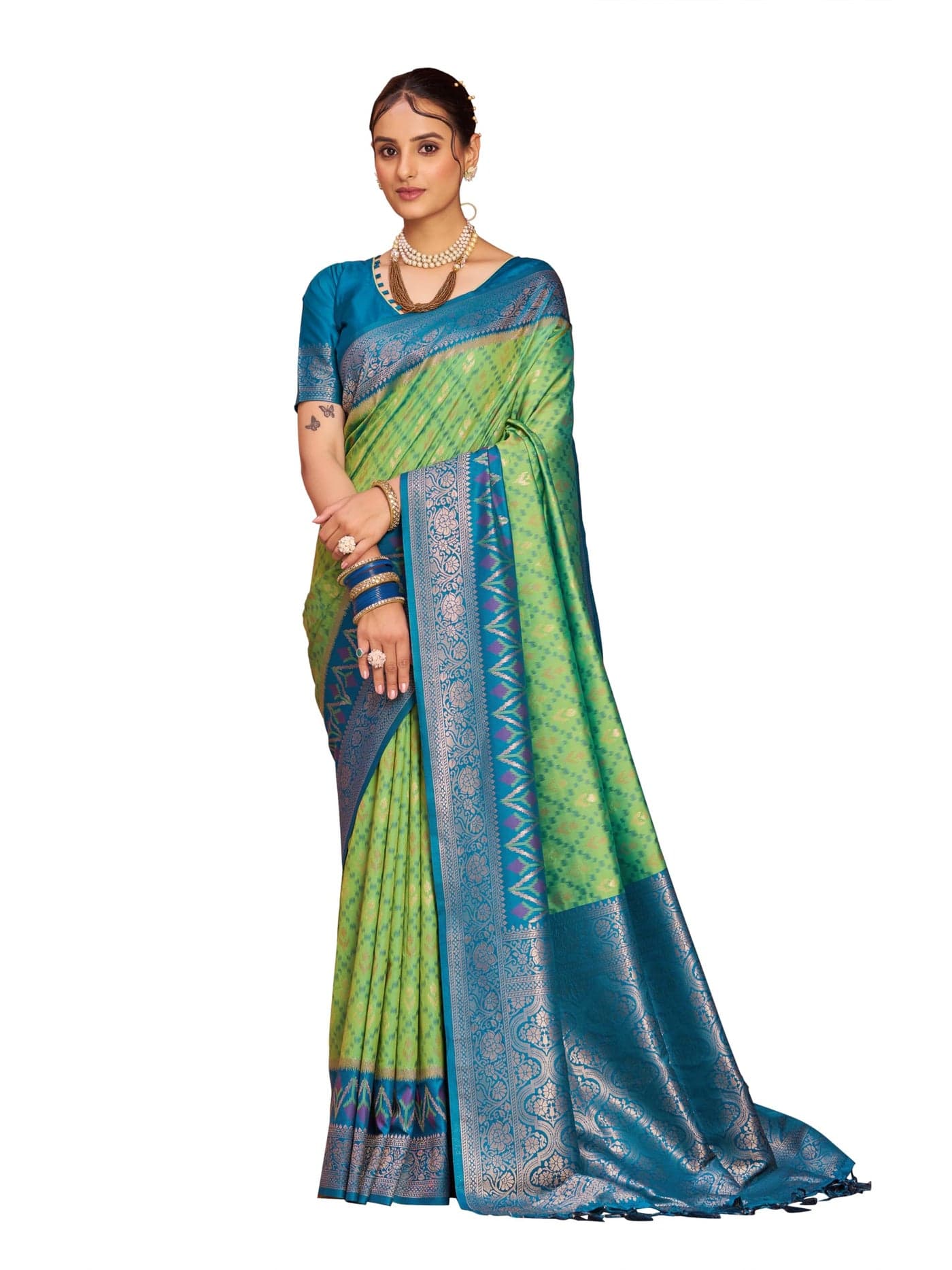 SWORNOF Women's kanjivaram banarasi silk saree for Patola festival Wedding silk with rich pallu Design sarees for women with blouse piece (PISTA-1)