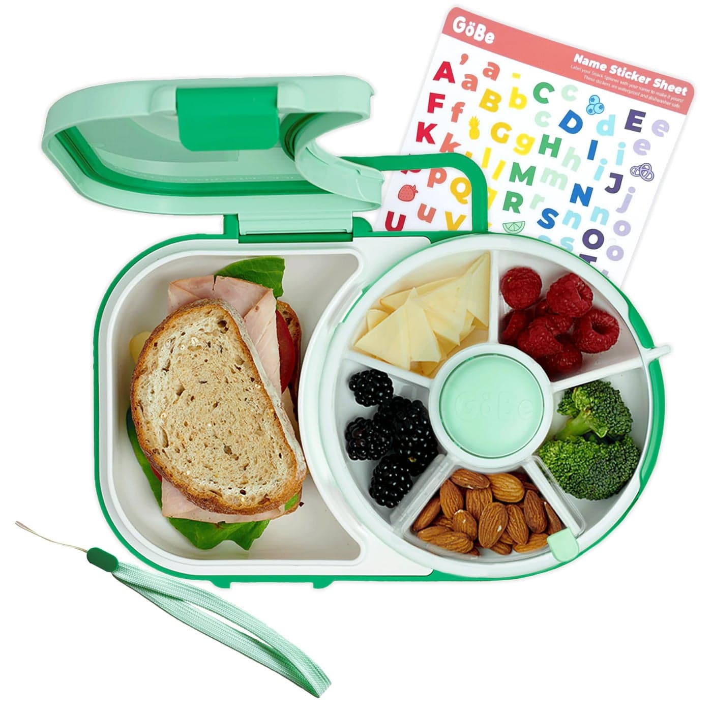 GoBe Kids Lunchbox with Small Snack Spinner Flip - Bundle with Hand Strap & Sticker Sheet, 2-in-1 Bento Style Lunch Container, 5 Small +1 Large Sandwich Compartment, BPA & PVC Free - Mint Green