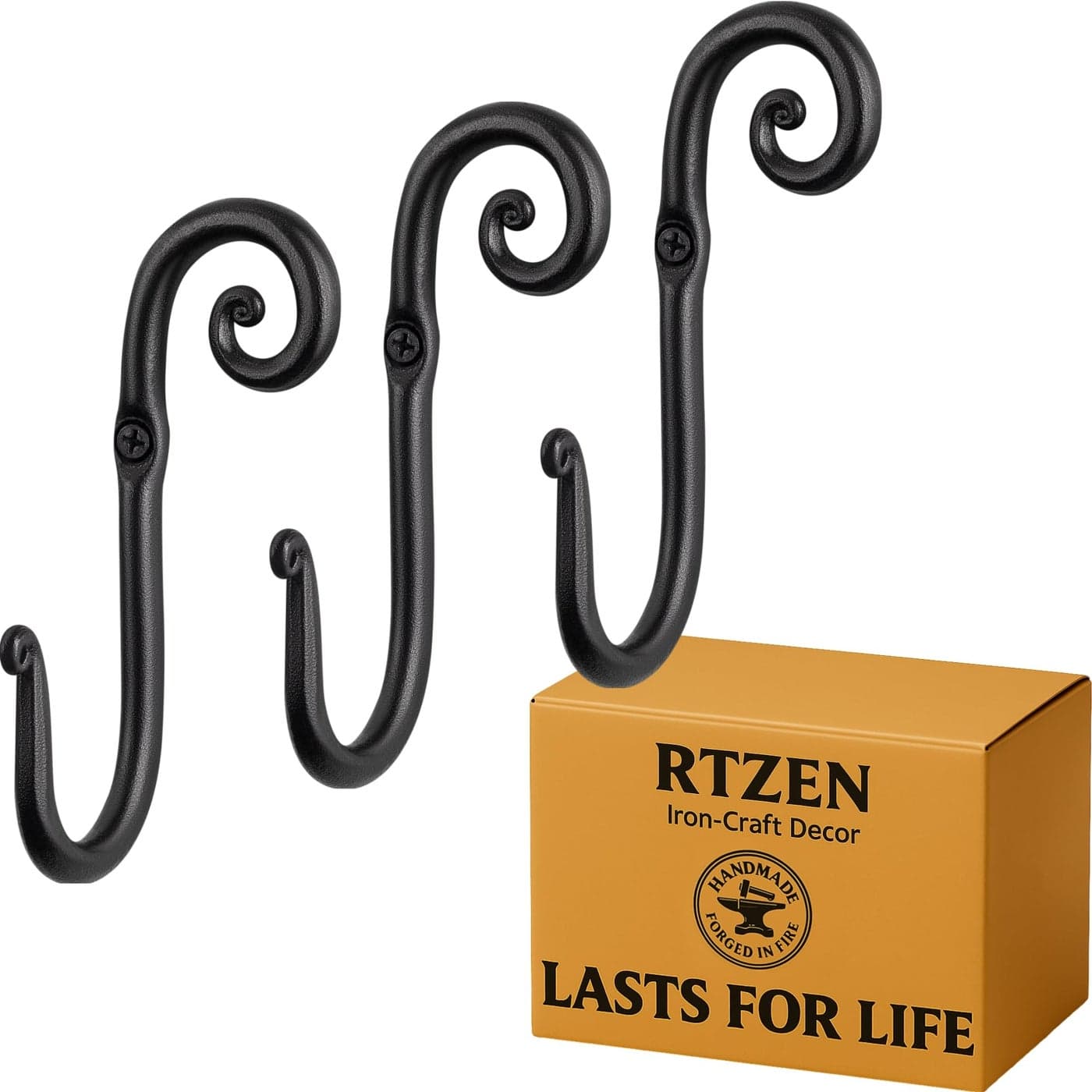 RTZEN Wall Mount Hook Set Wrought Iron Decorative Rustic Metal Coat Hooks for Hanging Handcrafted Classic Farmhouse Wall Mounted Black Hooks for Towel Robe or Hat Hanging 3 Pack