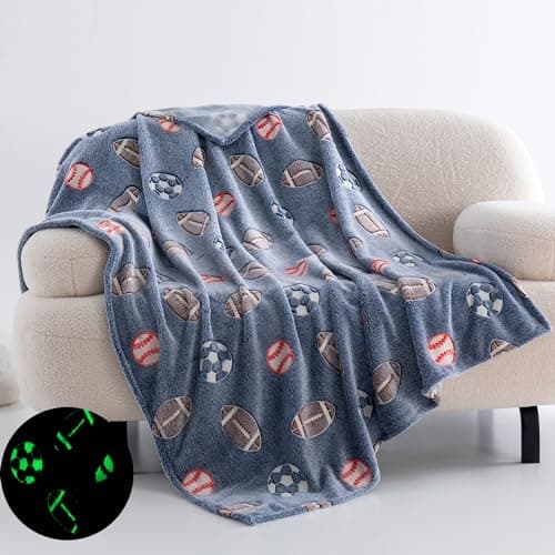 QSTEHEML Soccer Glow in The Dark Blanket,Football Gifts Toys for Kids Boys Age 3-12 Years Old, Birthday Gifts Luminous Sports Throw Blanket 50"×60"