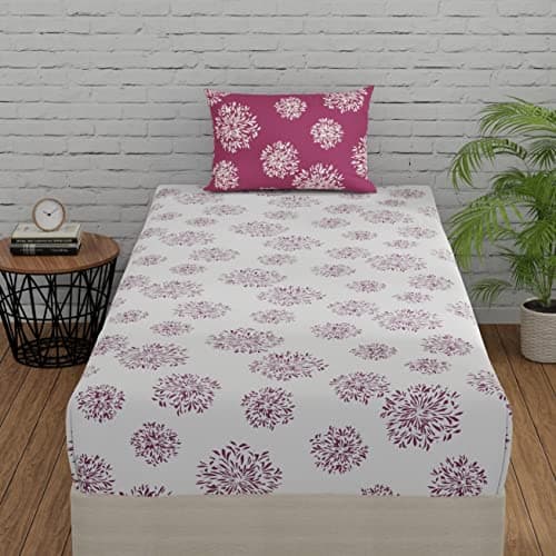 Huesland by Ahmedabad Cotton 144 TC Single Bedsheet Pure Cotton with 1 Pillow Cover - White & Mauve