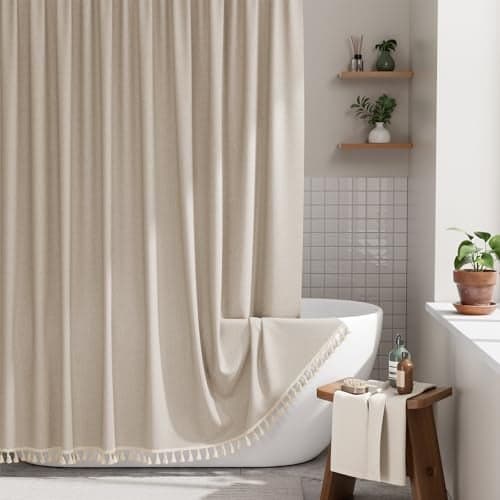 AmazerBath Farmhouse Shower Curtains for Bathroom Tan Shower Curtain with Tassels Taupe Rustic Faux Linen Shower Curtain Set with 12 Hooks 72x72 Inches