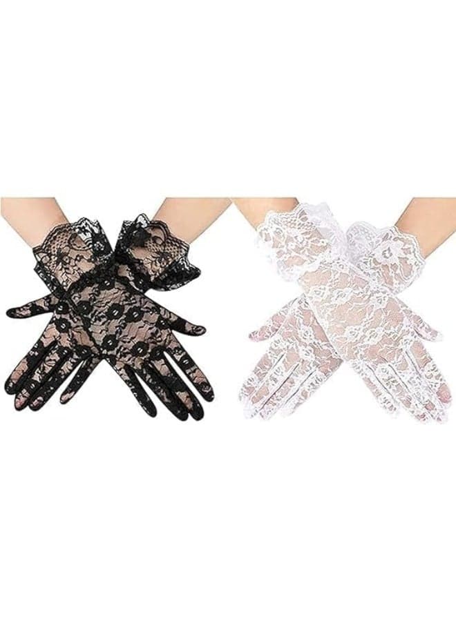 2 Pairs Floral Short Lace Gloves, Elegant Short Lace Gloves Tea Party Gloves Wrist Length Floral Gloves Sunblock Bridal Gloves For Opera Evening Party Wedding Prom Cosplay Gloves