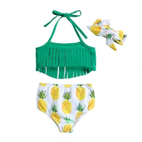 Baby Bucket Girls Stylish Two-Piece Swimsuit| Baby Girl Bikini Swimsuit with Headband - (3 Months-6 Months) - Green