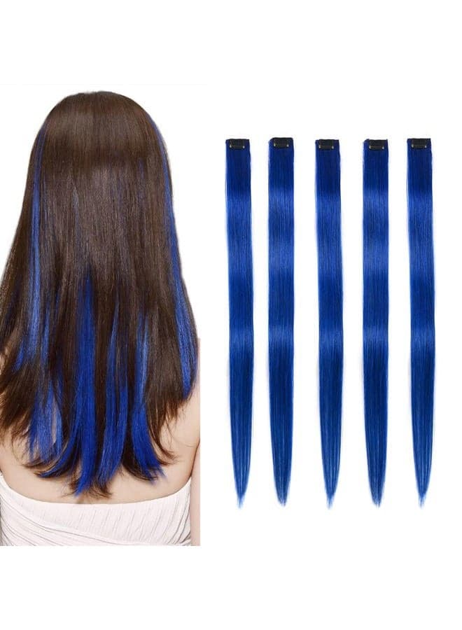 5 Pcs blue hair extensions 18 Inches Colored Christmas Party Highlights Straight Hair Clip in Human Hair Extensions in Multiple Colors