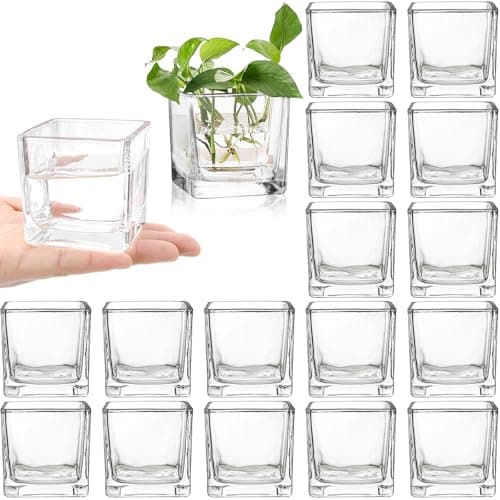 ZEAYEA Set of 18 Small Square Glass Vase, 2.4" x 2.4" Clear Cube Vase for Wedding Centerpieces Home Party Decoration, Square Glass Votive Candle Holder