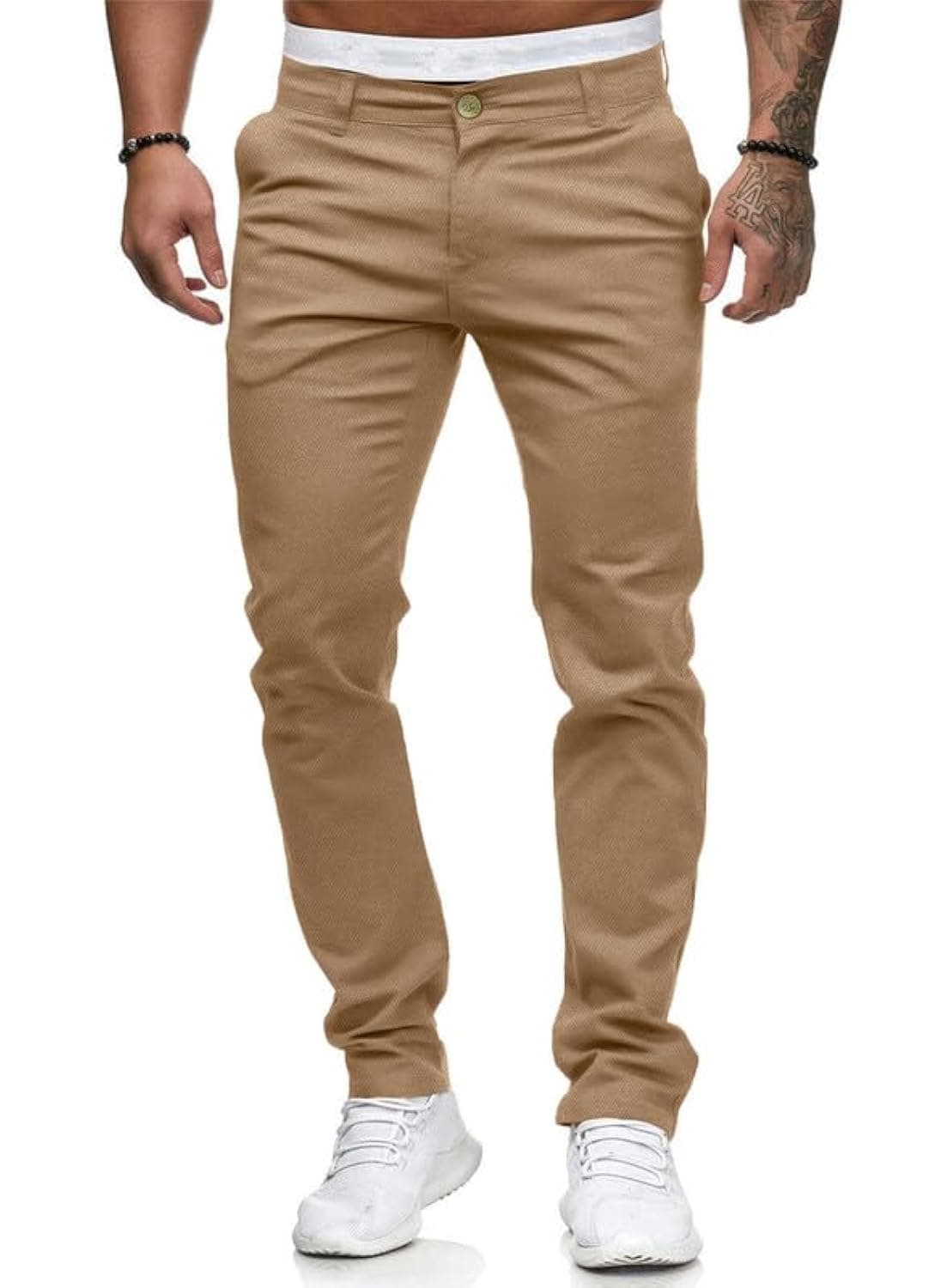 Mens Chinos Slim Fit Stretch FlatFront Skinny Dress Pants Khaki32W30L