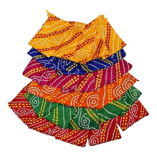 Moira 12pcs 5X7 inch Small Size Bandhej Silk Potli for Gifting, Jewellery Storage, Shagun, Coin Packing (Multicolour)