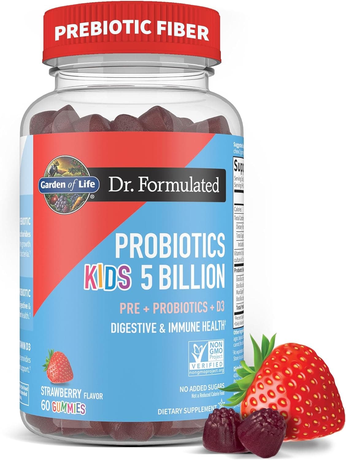 Garden of Life Dr Formulated 5 Billion CFU Prebiotic Fiber Probiotic and Vitamin D3 Gummies for Kids Digestive Immune Health Gluten Free Non GMO No Added Sugars Strawberry Flavor 60 Gummies