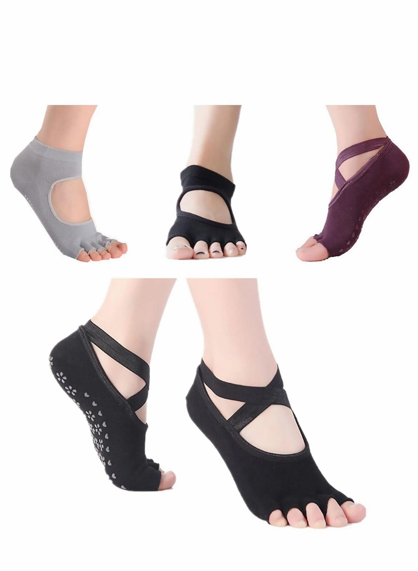 Yoga Socks for Women, 4 Pairs Non Slip Toeless Five Toe Cotton Slipper Dance Pilates Barre Barefoot Workout