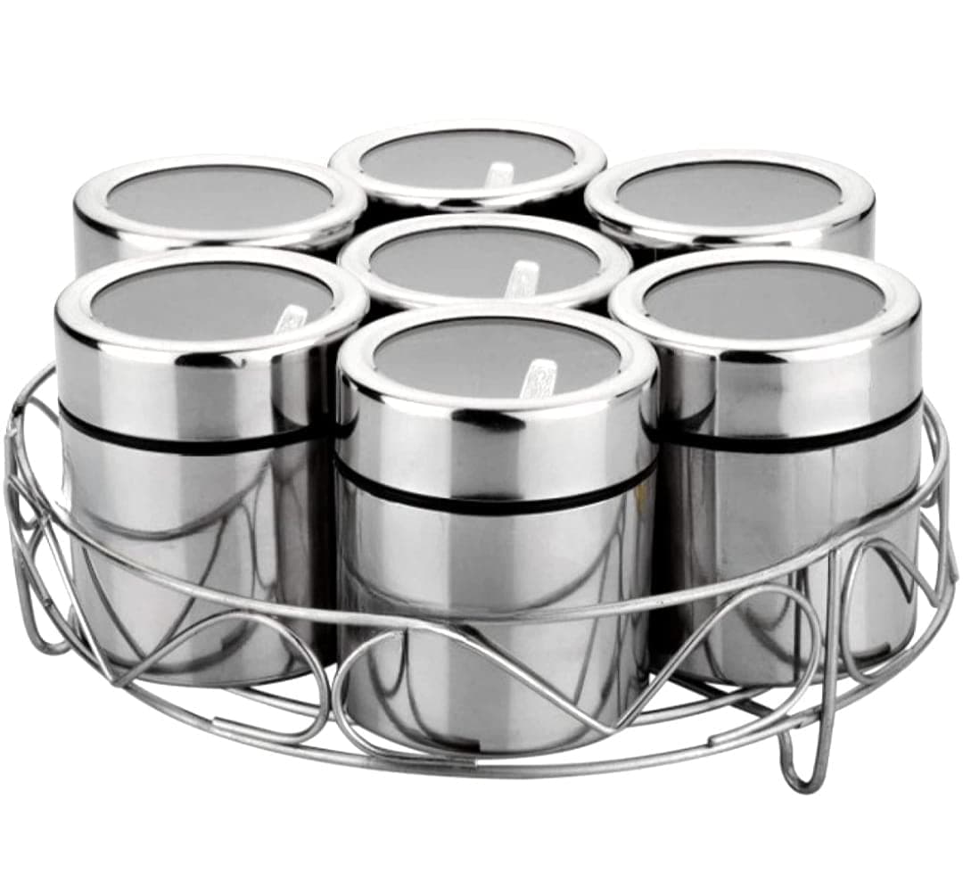 VISAXMI Stainless Steel Masala Dabba 200 ml Spice Container Masala Dabba for Kitchen Masala Dani Masala Steel Dabba Masala Box 7Pc Jars 7Pc Spoons 1Pc Stand