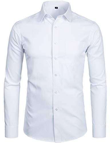 ZEROYAA Men's Long Sleeve Dress Shirt Solid Slim Fit Casual Business Formal Button Up Shirts with Pocket ZSSCL01 White X-Large