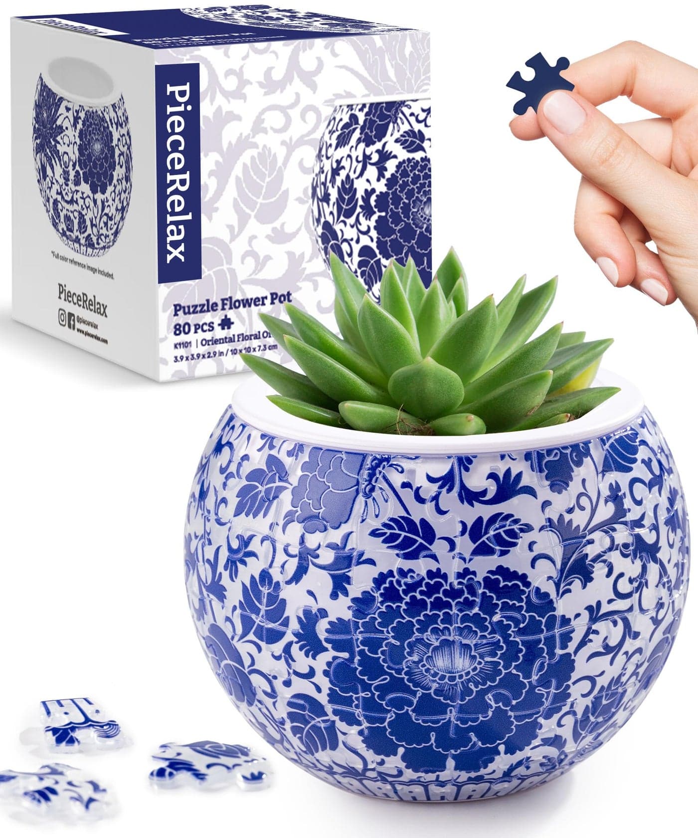 PieceRelax 3D Puzzle Planter Oriental Floral Ornament Small Round Plant Pots with Drainage Home Decor Flower Pots for Indoor Cactus Succulents Pots K1101