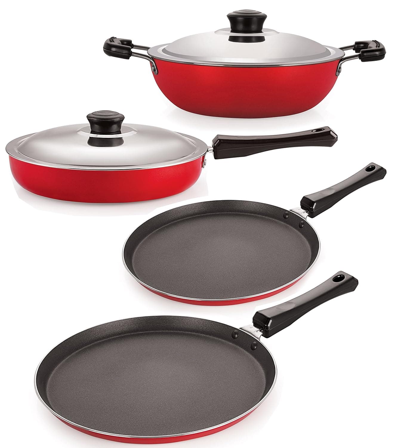 Nirlon Non-Stick Cookware Kitchen Cooking Essential Combo Set, (FT12_FP13_DKDM_FT11),Heavy Gauge Aluminium