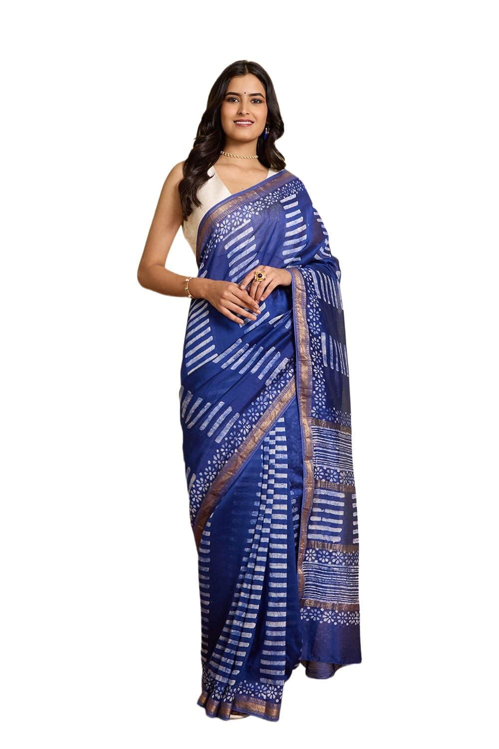 Taneira Women Dark Blue Pure Silk Cotton Batik Saree with Unstitched Blouse Piece (SAPP01AA4681-Dark Blue)