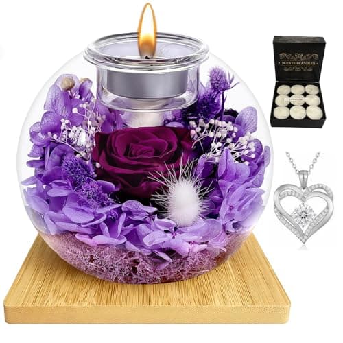 Preserved Roses with Necklace, Long-Lasting Real Flowers in Glass Dome, Mother‘s Day Gifts for Mom, Wife, Girlfriend with Scented Candles for Mother‘s Day (Violet Rose)