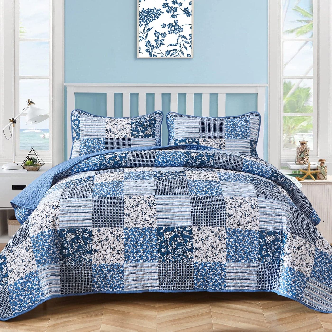Mybedsoul Blue Boho Quilt Set Queen Size3 Pieces Plaid Floral Bedspread Coverlet Set for All SeasonPatchwork Reversible Bedding Set Queen 90x96