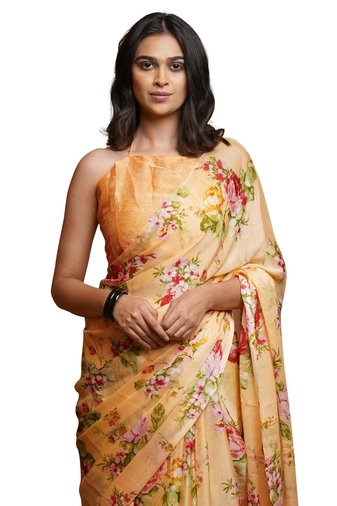 MIRCHI FASHION Chiffon Georgette Floral Printed Sarees for Women with Blouse Piece (42578-Pastel Orange, Multicolor)