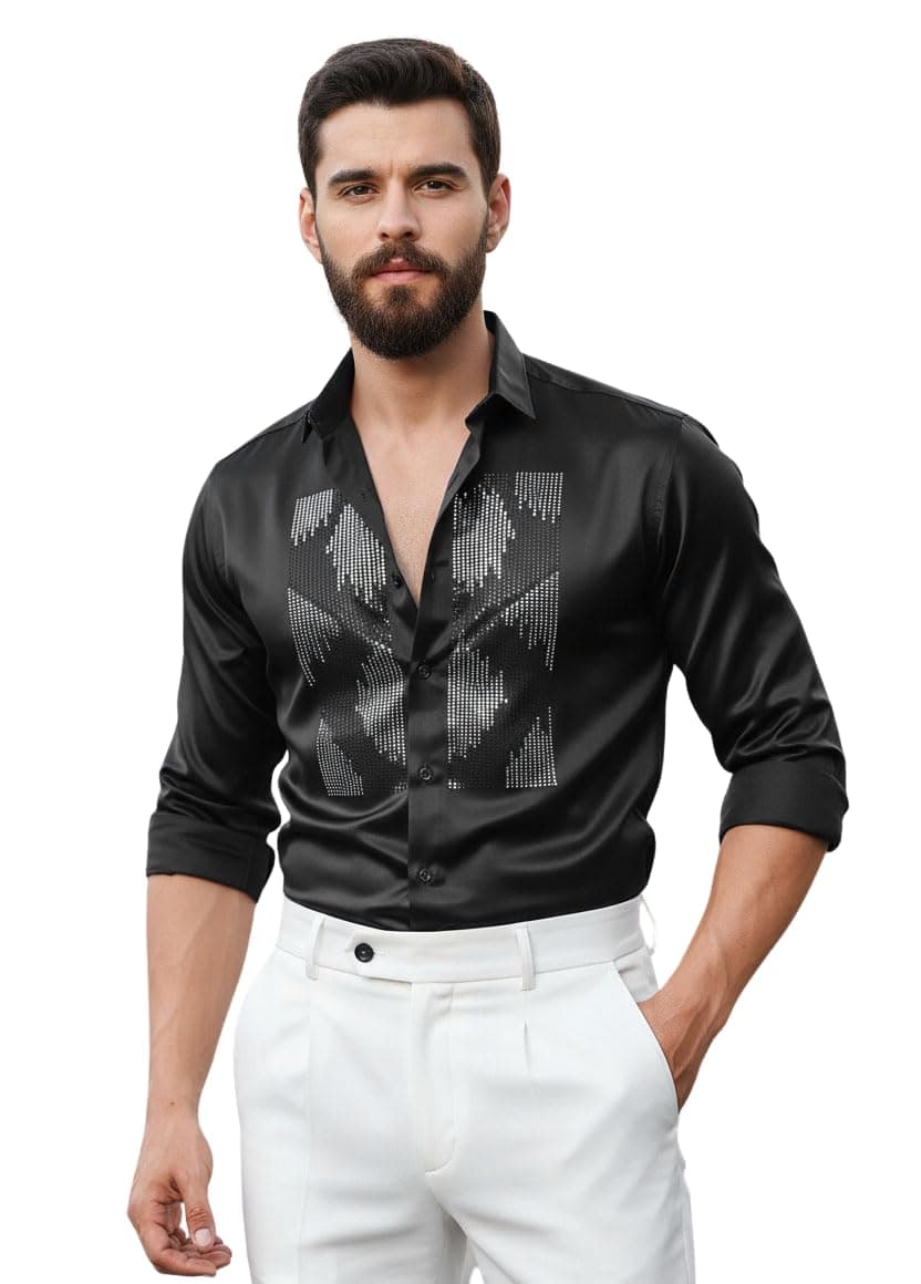 IndoPrimo Men’s Satin Shirt for Party, Formal and Casual Wear – Stylish and Trendy Designer Full Sleeve Shirt for Men Black