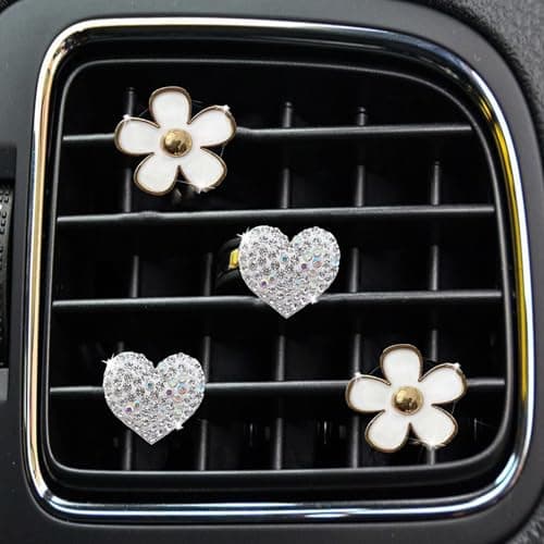 4PCS Car Air Vent Clips with Fragrance Pads Cute Flower Car Air Fresheners Vents Clips Diamond Vent Clip Auto Interior Decor Charm Bling Auto Accessories Decoration for Women White