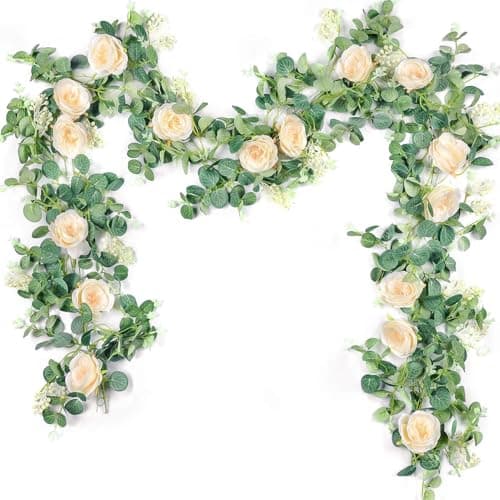 Der Rose 2Pcs Artificial Eucalyptus Flower Garland with Fake Rose Flower Vine Seeded Eucalyptus Leaves Greenery Garland for Wedding Table Backdrop Party Centerpiece Room Decor (Champagne-Total 13FT)