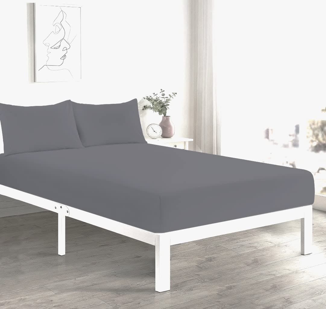 Fitted Bed Sheet With FREE MATCHING 2 X PILLOW CASES Poly Cotton Percale Easy Care Plain Dyed Bed Sheet Grey Double