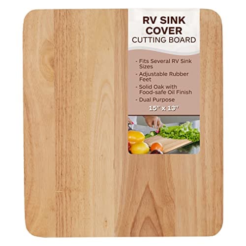TonGass 15"x13"x3/4" RV Sink Cover with Adjustable Rubber Feet, Camping Cutting Board, Solid Oak with Food-Safe Oil Finish, Dual Purpose Sink Cover Cutting Board Add Counter Space in RV Kitchen