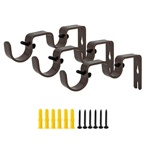 OVOV Double Curtain Rod Bracket 3 Pack Heavy Duty 1 and 5/8 Inch Curtain Rod Holders for Bedroom Living Room Brown