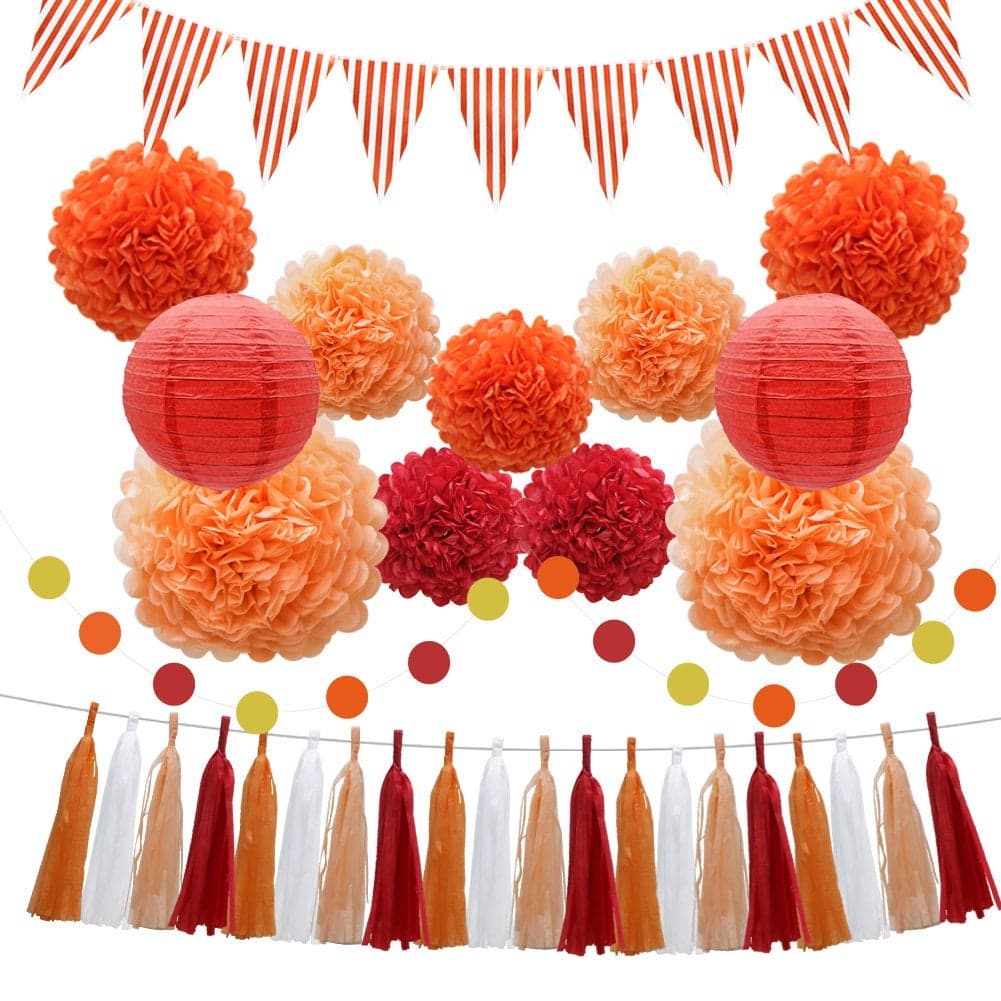 33pcs Party Decorations Supplies Set Paper Lanterns Tissue Pom Poms Flowers Tassels Hanging Garland Banner Triangle Flag Bunting for Birthday Baby Shower Wedding Graduation Events Orange Red