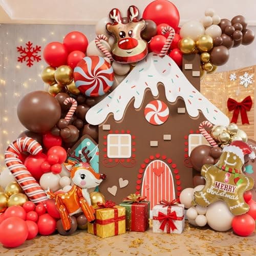 Bonropin 173pcs Christmas Balloon Garland Arch Kit Red Brown Sand White Gold Balloons with Gingerbread Moose Elk Deer Candy Cane Foil Balloon for Christmas Woodland Party Xmas Winter Party Decorations