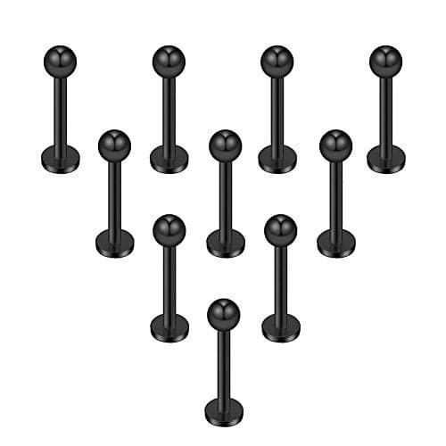 Ruifan 10PCS 16G Black Titanium Anodized 316L Stainless Steel 3mm Ball Labret Monroe Lip Ring Tragus Helix Cartilage Earring Stud Barbell 8mm Bar Length Body Piercing Jewelry