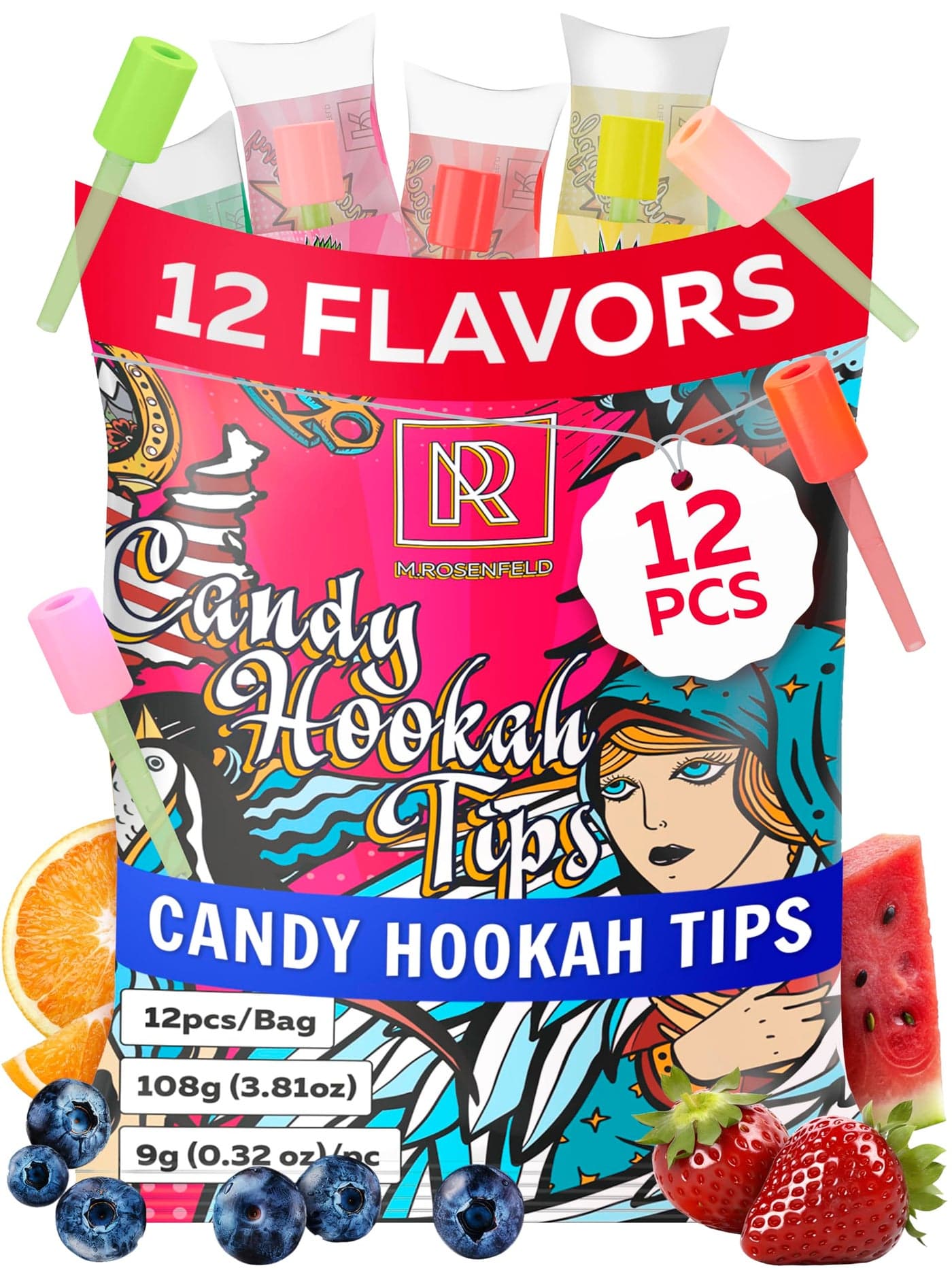 Candy Hookah Tips - 12 pcs Glow in The Dark Jolly Tips - Individually Wrapped Hookah Tips Lollipop Shisha Accessories - 12 Different Hookah Candy Tips Delicious Flavors - Hookah Tips Disposable