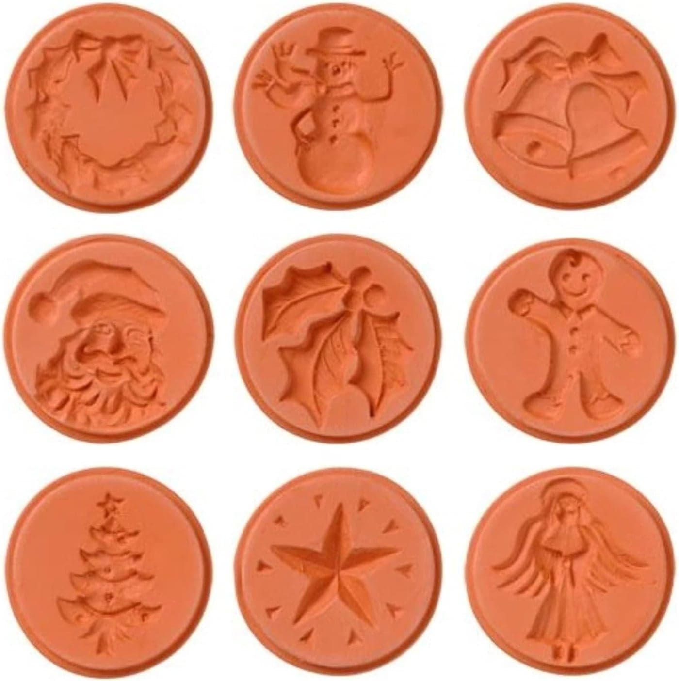 JBK Pottery Terra Cotta Cookie Stamps for Baking Oven Dishwasher Safe Cookie Cutter Molder Stamper Press Ideal for Cookies Polvoron Pastry Shortbreads ChristmasFull Set of 9 Designs