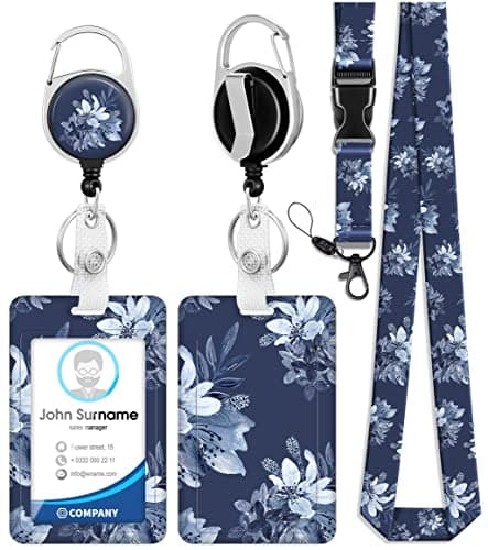 Toykee ID Badge Holder with Lanyard and Retractable Badge Reel Clip, Retro Floral Flowers Card Name Tag Lanyard Vertical ID Protector Bage Clips for Women Nurse Doctor Teacher Student Dark Blue