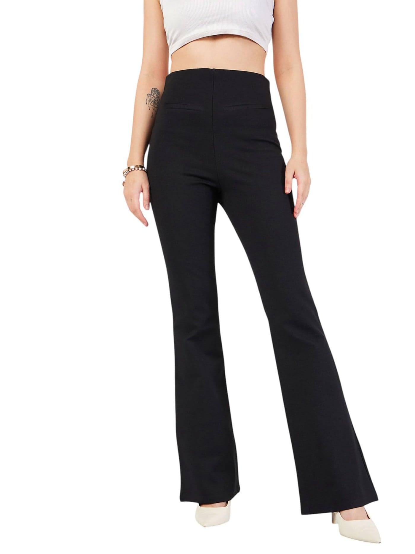 Sassafras Women's Black Bone Pocket Bell Bottom Pants-L