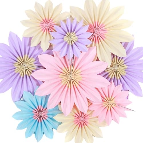 OBBOLO Pastel Paper Fans, Pastel Party Decorations for Classroom, Birthday, 9 PCS Yellow, Pink and Purple Pastel Paper Flower Decorations for Baby Shower, Wall Decor