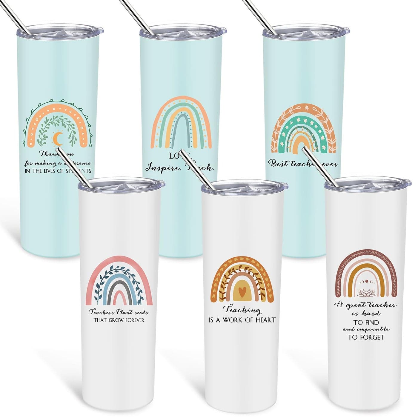 Sieral 6 Pcs Bulk Teacher Appreciation Gifts Thank You Teacher Stainless Steel Tumbler with Lid and Straw 20 oz Rainbow Insulated Coffee Tumbler Cup Travel Mug for Women Birthday Graduation