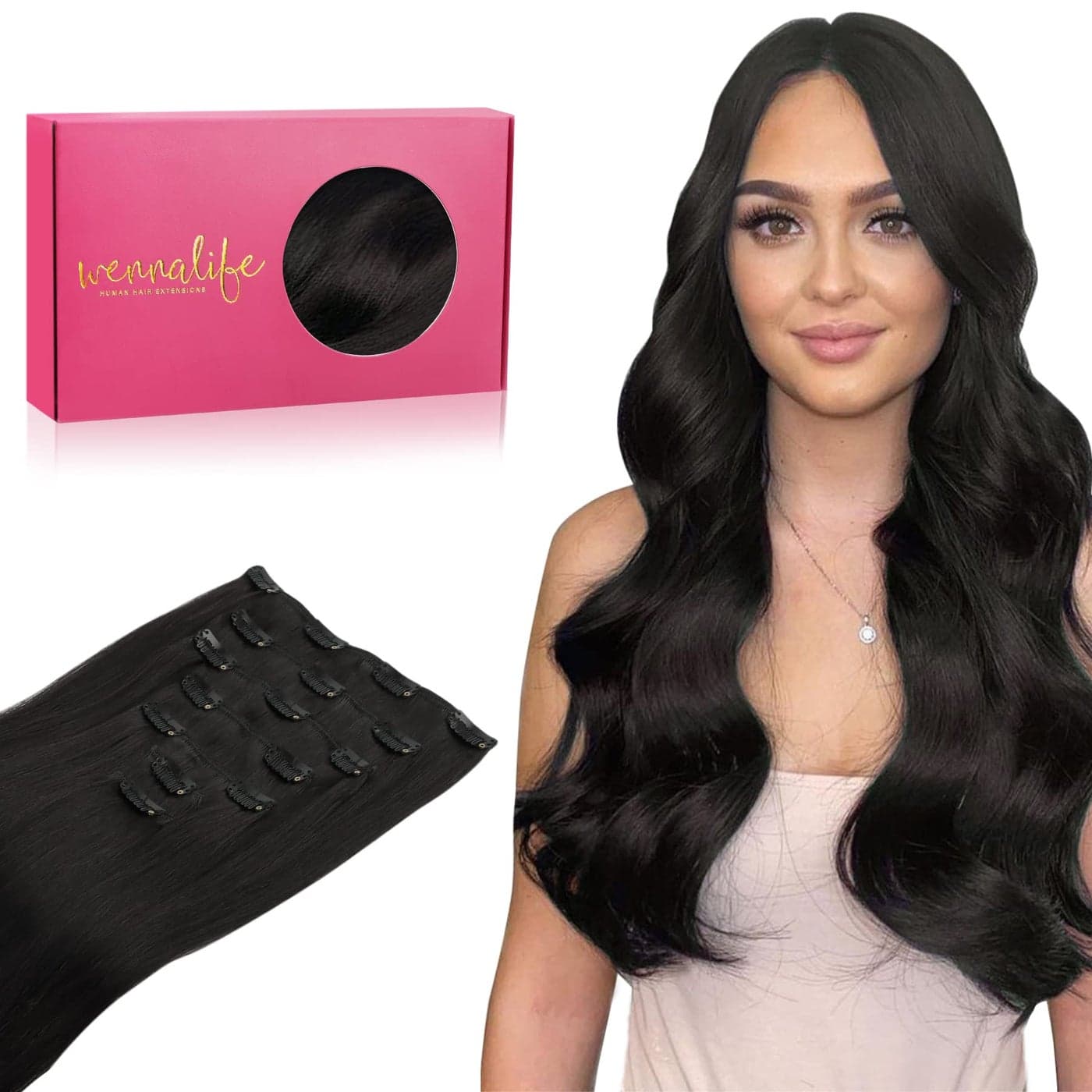 WENNALIFE Clip in Human Hair Extensions 20 Inch 120g 7pcs Natural Black Hair Extensions Clip In Human Hair Remy Clip in Hair Extensions Real Human Hair Double Weft