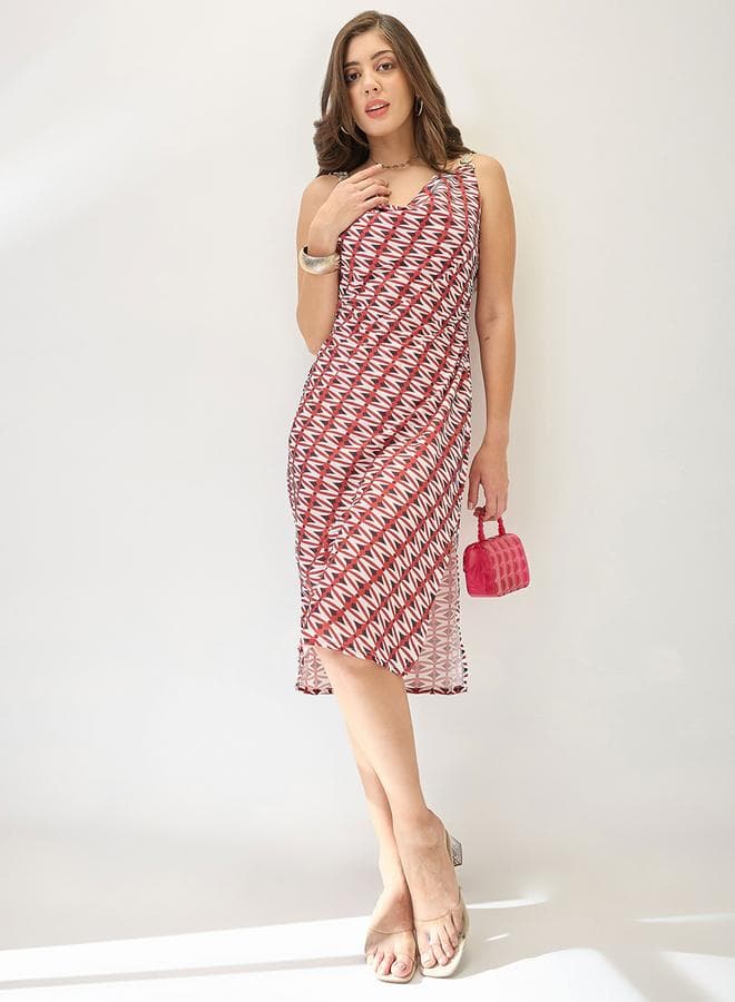 Red Cowl Neck Side Slits Sheath Midi Dress — L