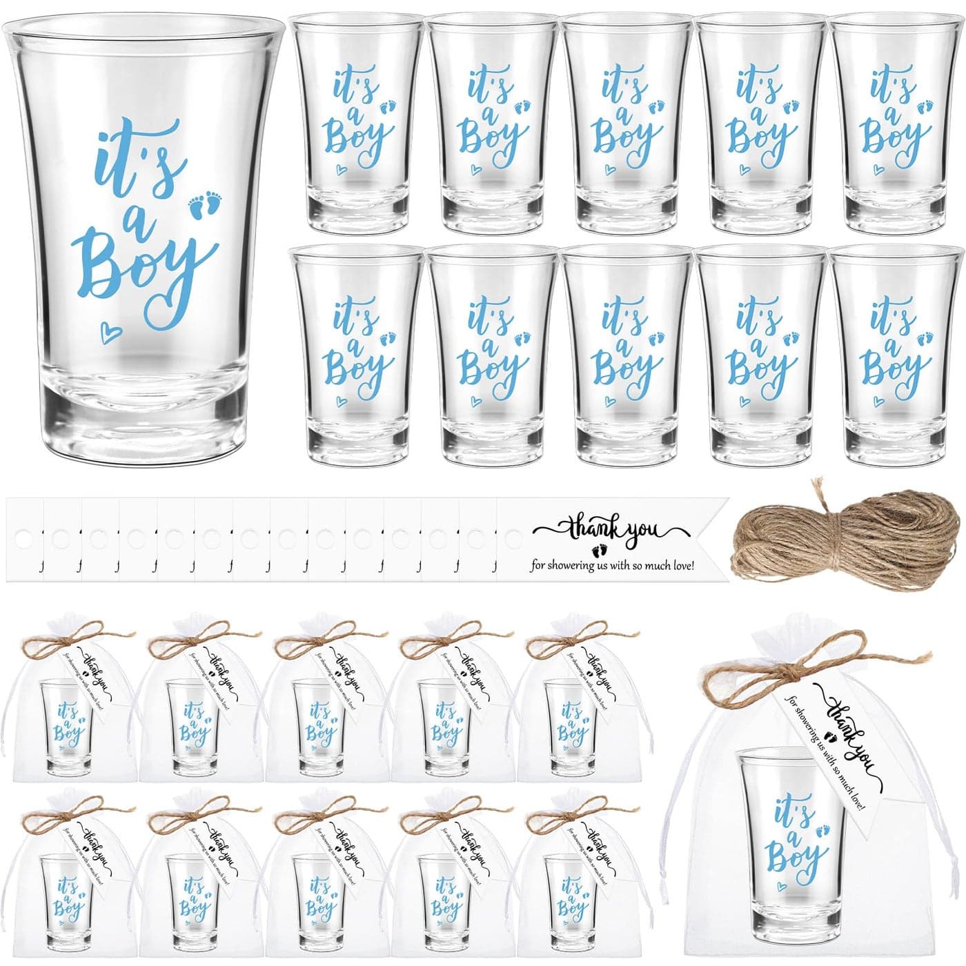Pickmesh 50 Sets Baby Shower Favors Boy Girl Theme Party Gift Include Short Glasses Acrylic Clear Shot Glasses Thank You Tag Organza Bag Twine for Baby Shower Tea Party Gender RevealIts A Boy