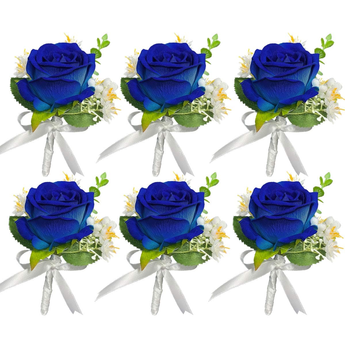 Rinlong 6Pcs Boutonnieres With Pins for Men Wedding Groom Brooch Bouquets Best Man Royal Navy Blue for Wedding Party Prom
