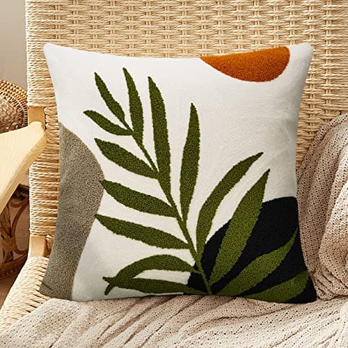 Merrycolor Boho Decorative Throw Pillow Covers 18x18 Tufted Green Decorative Pillows Covers Sun Leaf Mid Century Modern Throw Pillows for Bed Couch Sofa Living Room 1PC(Black and Green)