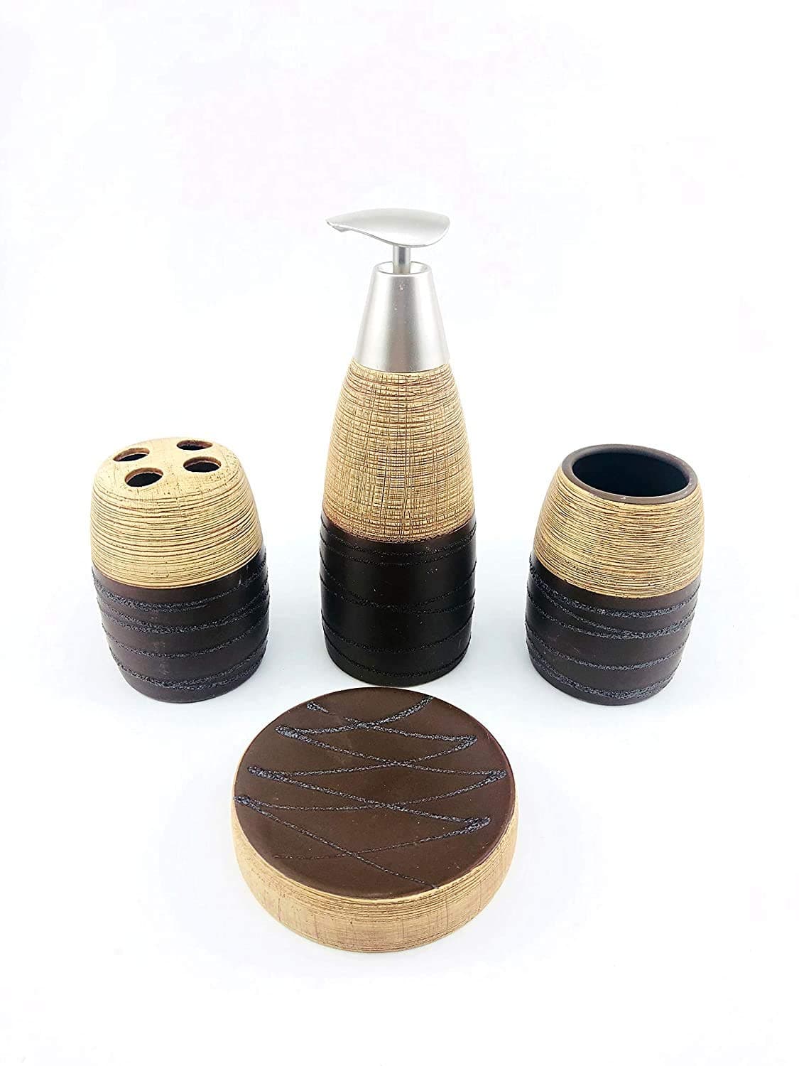 Skywalk Ceramic Bathroom Set of 4 Pcs - Soap Dispenser, Beaker/Tumbler, Soap Dish, Brush Holder for Bathroom Décor and Home Gift Set