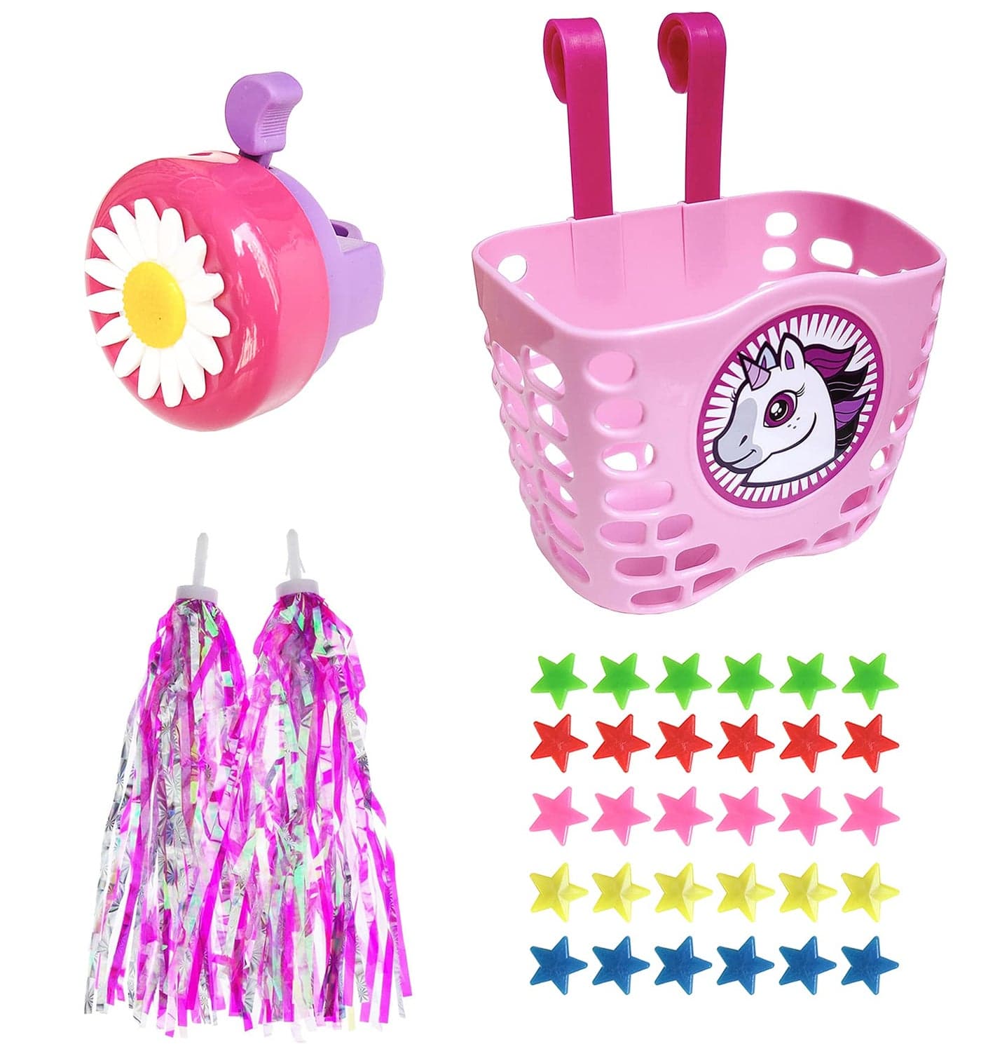 Suerico Girls Bike Decorations Kid Bicycle Accessories Kit- Bike Wheel Spoke Beads,Bike Streamers Tassel Ribbon, Bike Horn Bell,Bike Front Handlebar Basket