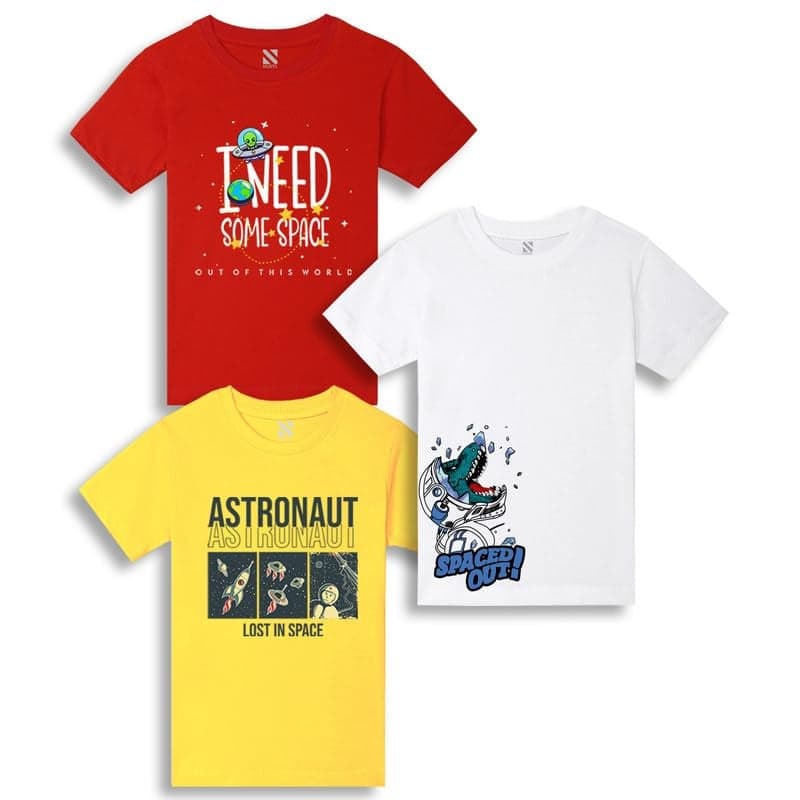 Nusyl Boys Red & Yellow & White Text & Graphic Printed Half Sleeves T-Shirt - Pack of 3