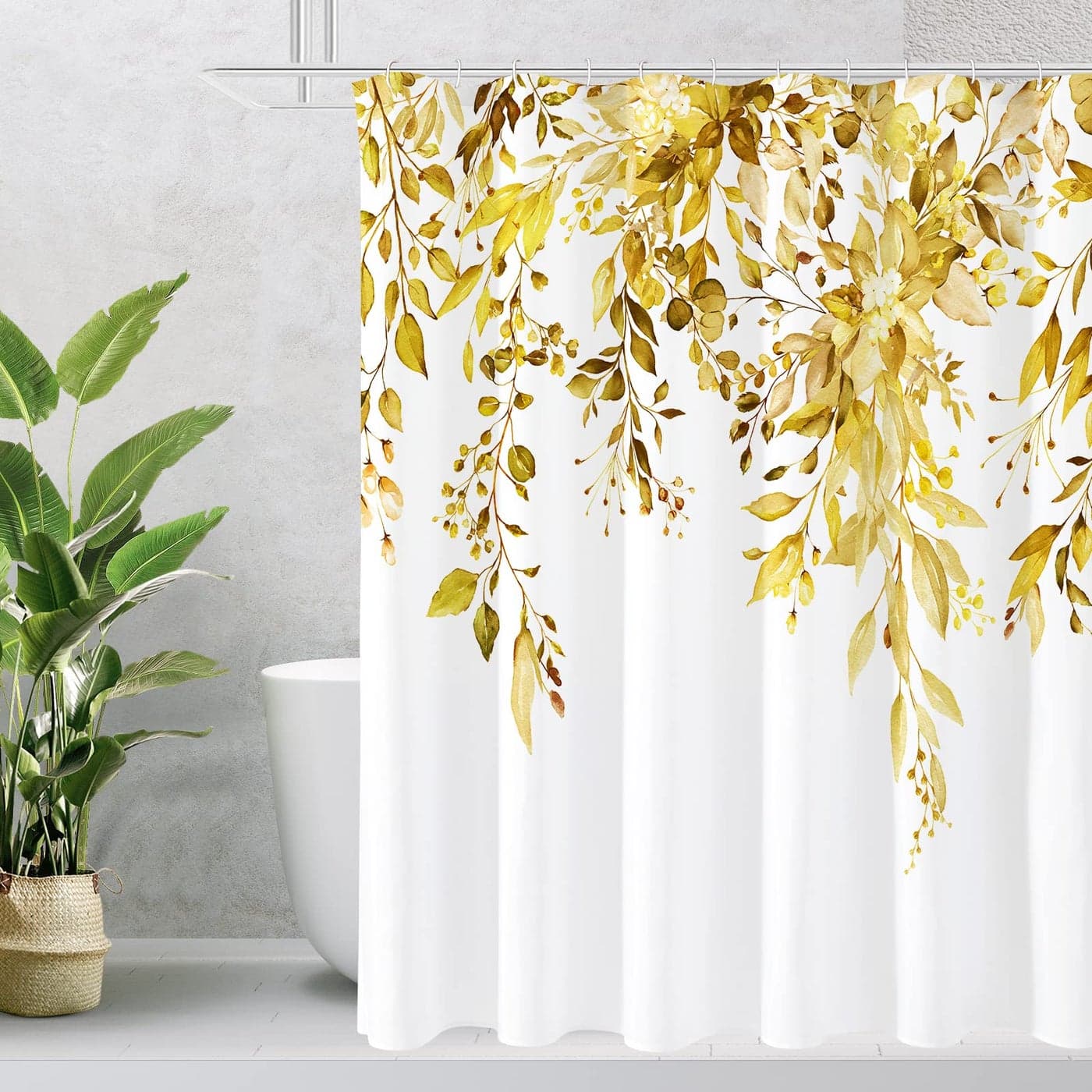 Gibelle Yellow Eucalyptus Shower Curtain Watercolor Plant Leaves with Floral Bathroom Shower Curtain Set 72x72