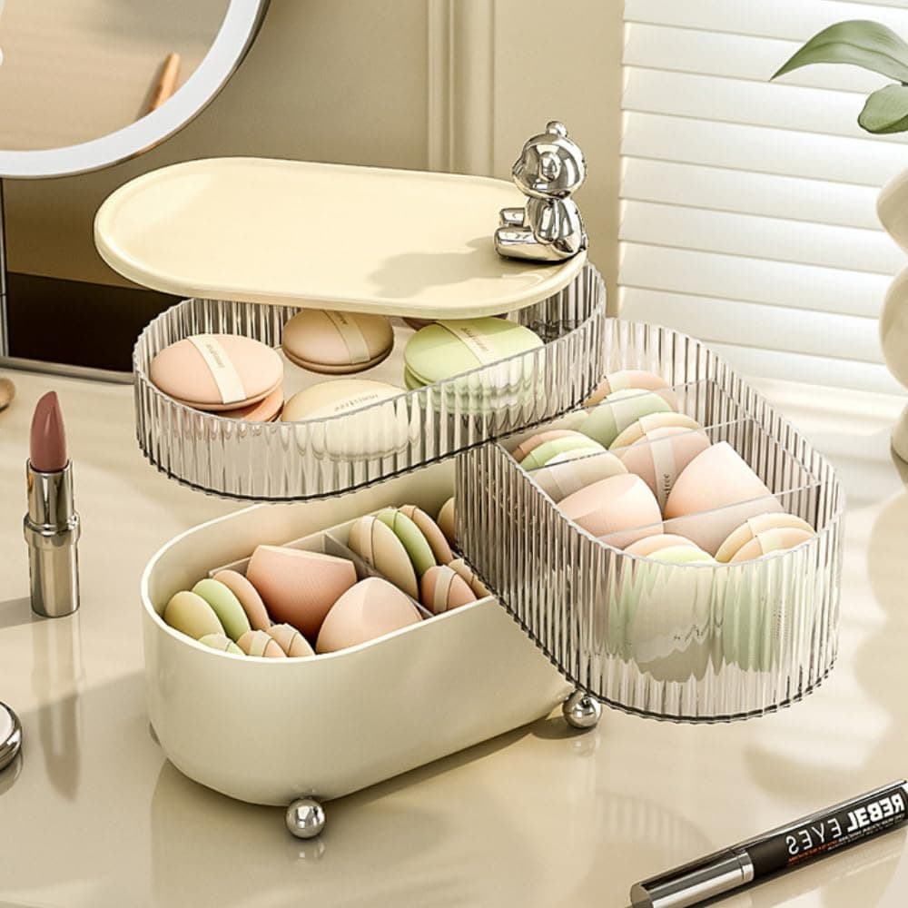 MorivaHomes Cosmetic Storage Organizer 360 Rotating 3 Layers MultiCompartments Desktop Cotton Pad Cosmetic Lipstick Makeup Brush Jewellery Holder for Countertop Vanity